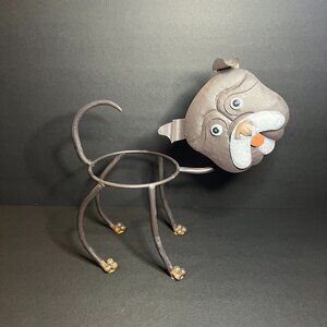 Unique Whimsical Metal Bobble Head Bulldog Flower Pot Holder Planter Dog Figure